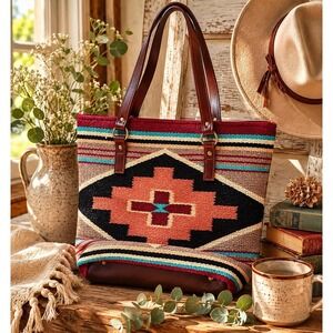 Artisan Boho Tote Southwestern Aztec 16x13" Aqua Red Tan Orange Western‎ Purse